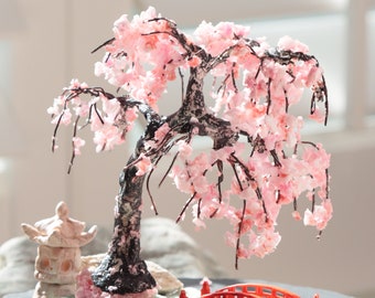 Handcrafted Mini Zen Garden: Weeping Cherry Blossom Tree, Stone Lantern