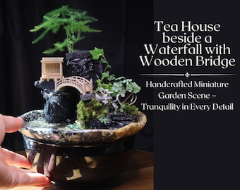 Mini Zen Garden Fountain: Handmade Tea House, Bridge & Waterfall