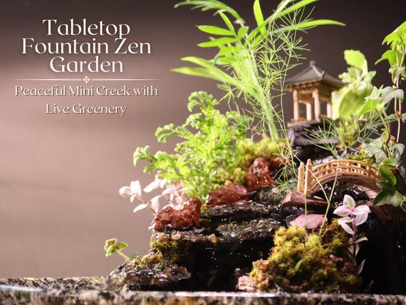 Handcrafted Zen Garden Fountain: Live Plants, Tea House, Wooden Bridge