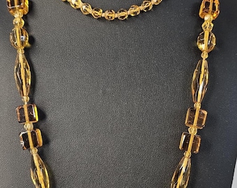 Vintage Amber Glass Bead Necklace 41” Long Faceted Czech Style Necklace Honey Cognac Art Deco Inspired Bohemian Statement Jewelry