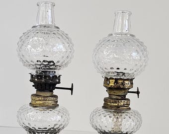 Pair Vintage Hobnail Glass Oil Lamps – Miniature Kerosene Decor