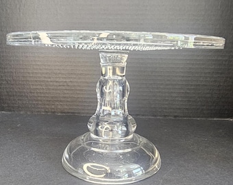 Vintage Clear diamond pattern Glass Pedestal Cake Stand 9" Wide top, 6' tall.