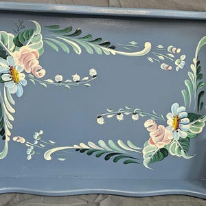 Vintage Hand Painted and signed Floral Toleware Wood Tray 17&quot; long and 12&quot; tall. With handles on each end. Pretty!!