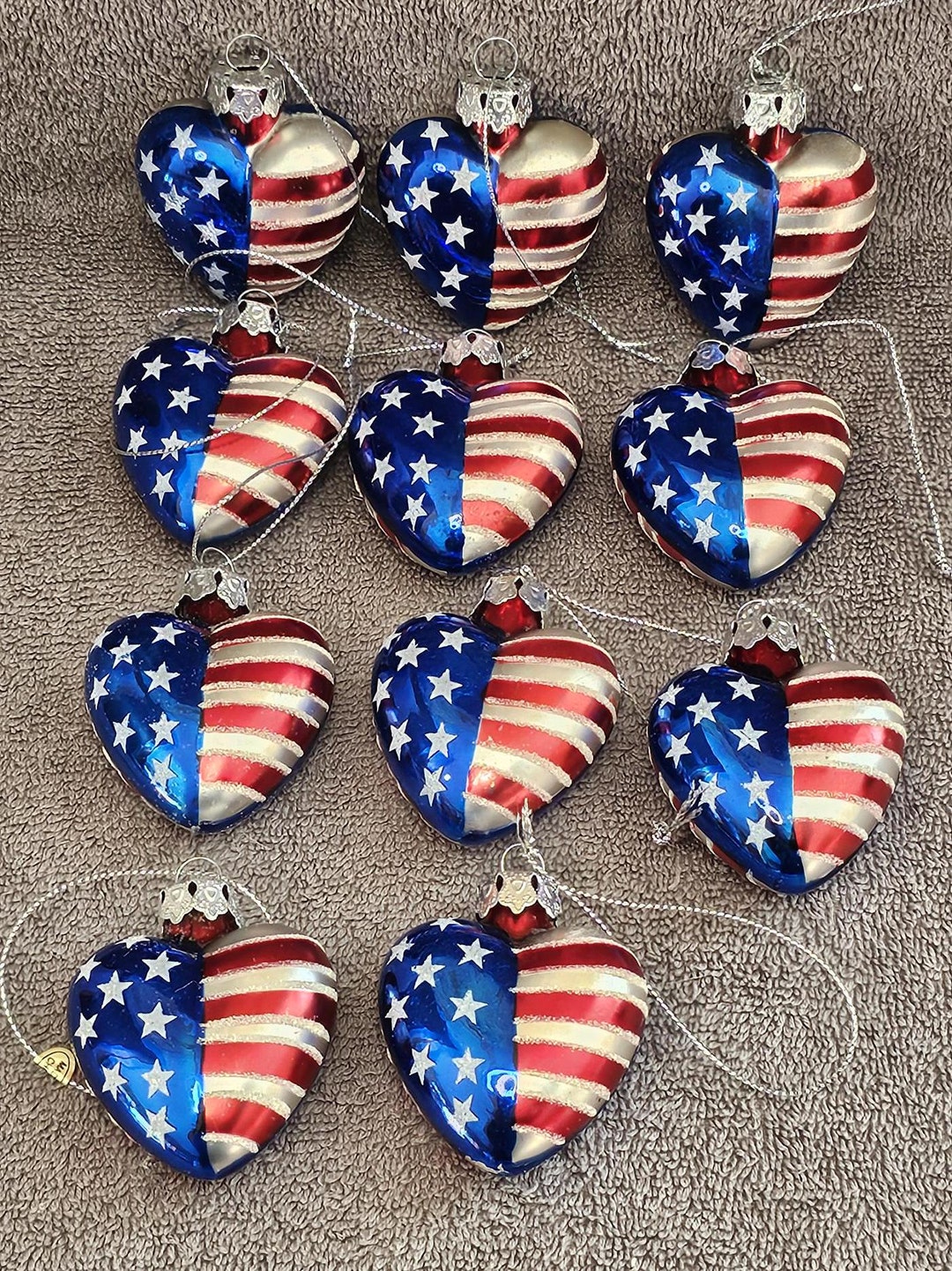 11 Mercury Glass Heart Shaped American Flag Design Christmas Ornaments