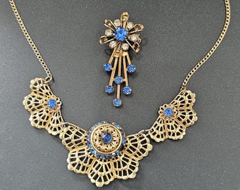 Vintage Blue Rhinestone Bib Necklace & Brooch Set