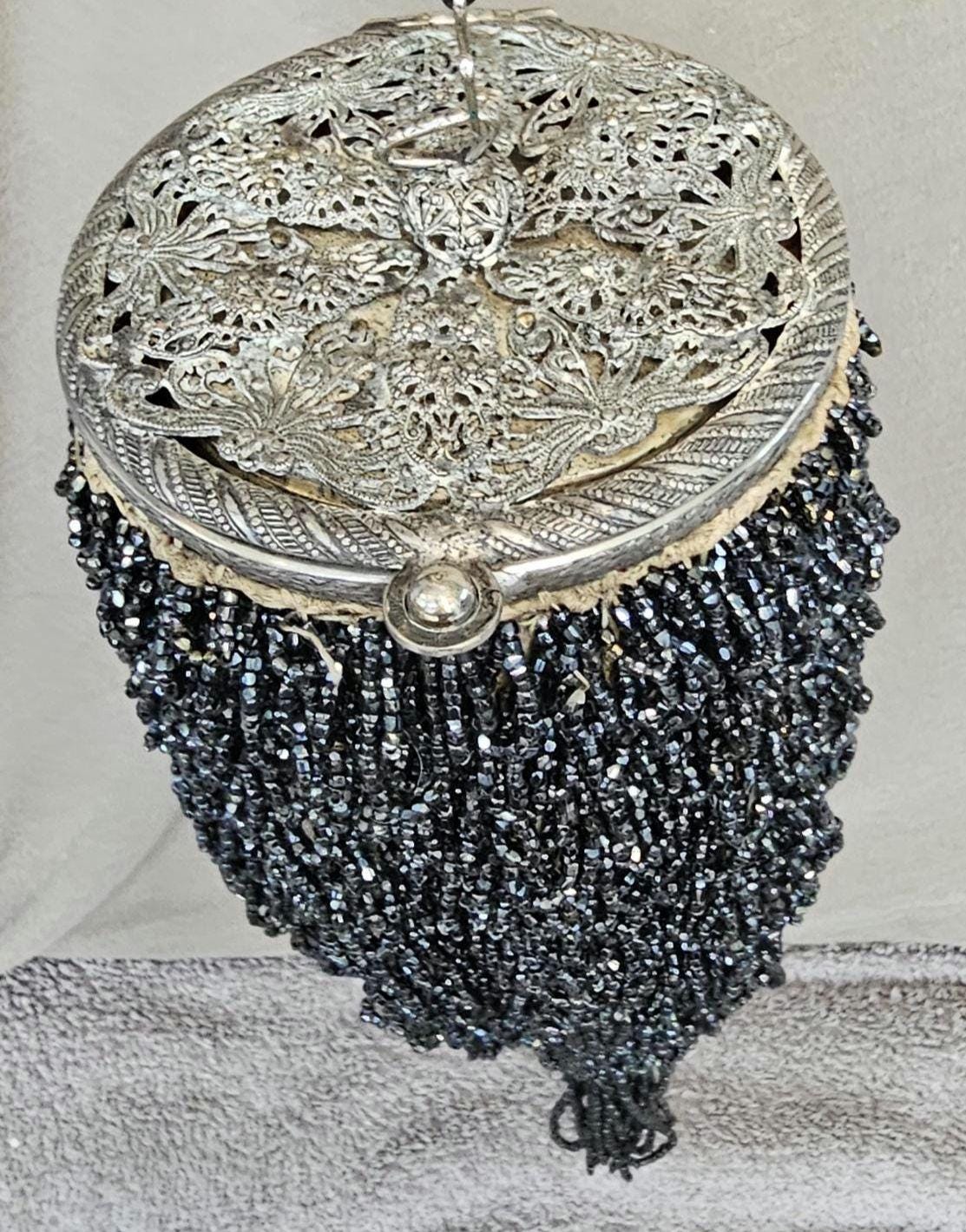 1920s Beaded Flapper Evening Bag: Art Deco Metal Top Purse With Mirror ...