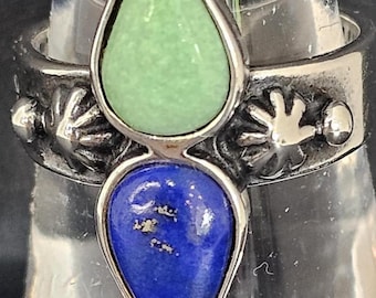 Vintage Sterling Silver Double Teardrop Ring Green Turquoise & Blue Lapis Lazuli Statement Ring