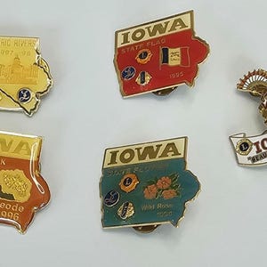 May include: A collection of Iowa-themed pins in various shapes and colors. The pins feature the state's outline, landmarks, and text such as "Iowa State Flag" and "Beautiful Land". Some pins include the years 1857, 1995, 1996, and 1997-98.