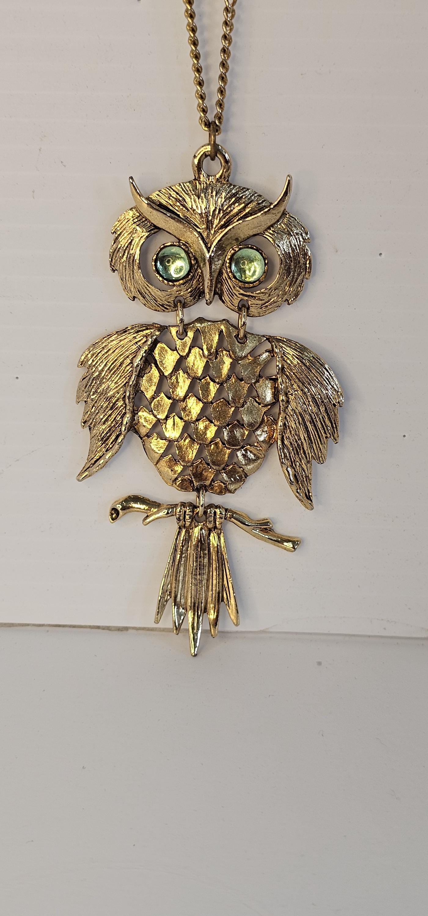 Vintage 1970's Large Owl Pendant Gold Tone Bright Green Bead Eyes Articulating Movement