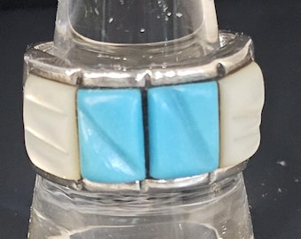 Vintage Navajo Sterling Silver Channel Inlay Turquoise and Mother of Pearl Ring Signed AB