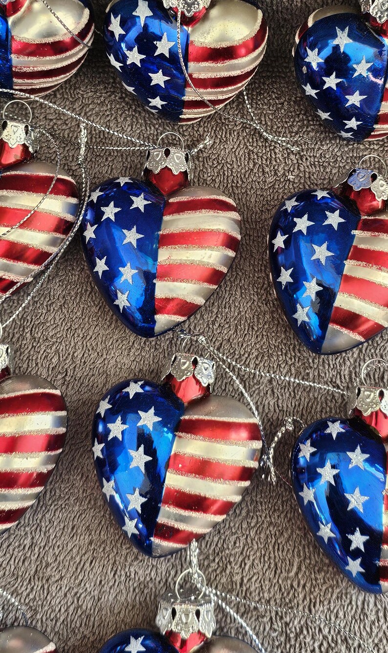 11 Mercury Glass Heart Shaped American Flag Design Christmas Ornaments