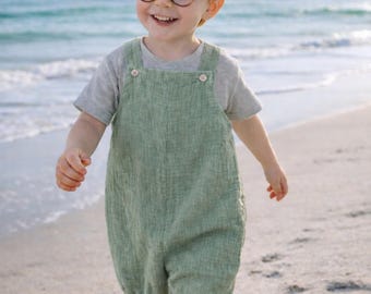 Peto de muselina para niños, mono de verano para bebé con estampado de eucalipto, corto, unisex, con aspecto de lino, suave, ligero, hecho a mano.