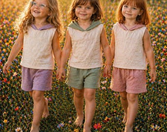 Mousseline set voor kinderen | Shorts & mouwloze hoodie | Zomerset voor meisjes | Dubbel katoenen gaas | Luchtig en lichtgewicht | Handgemaakte outfit