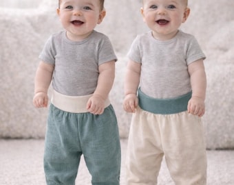 Baby haremsbyxor i muslin med muddar, växer med barnet, barnbyxor, eukalyptuskräm, handgjorda