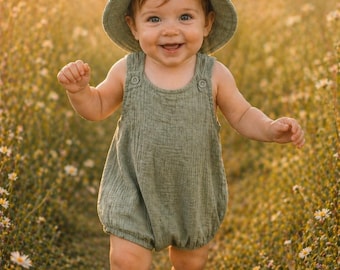 Baby muslin romper with sun hat | Summer baby romper | Boho baby clothes | Cotton baby outfit | Baby gift | Handmade baby set
