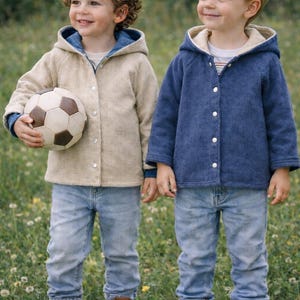 Chaqueta reversible de muselina para niños, chaqueta para bebé, chaqueta con capucha beige/azul vaquero, chaqueta unisex para niños, chaqueta de transición hecha a mano para niños