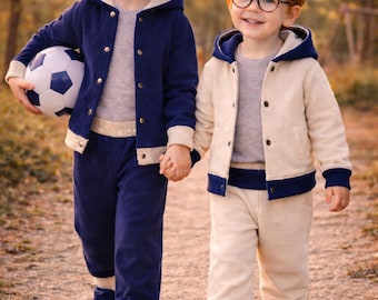Children's Two-Piece Set | Jacket and Trousers | French Terry | Cream/Dark Blue | Boys' Outfit | Kids' Set | Children's Gift | Wedding/First Day of School