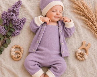 Newborn Baby Set | Baby Set Dusty Lilac | Infant Set | Newborn Set | Baby Outfit Set | Overalls, Jacket, Hat | Baby Shower Gift |