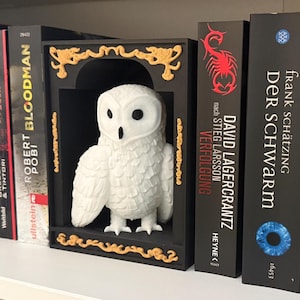 Könnte beinhalten: Eine weiße Eulenfigur in einem schwarzen Dekorrahmen mit goldenen Akzenten, ausgestellt auf einem Regal mit mehreren Büchern. Die Bücher haben schwarze Einbände mit weißem und rotem Text.