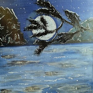 May include: A painting of a moonlit night scene with a large, white moon behind a dark silhouette of a tree. The sky is a deep blue with white stars and the water below is a dark blue with white highlights.