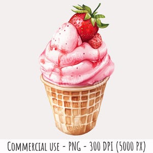 Pode incluir: Um cone de sorvete de morango rosa com um morango no topo. O cone é feito de um cone de waffle e o sorvete é coberto com um morango.