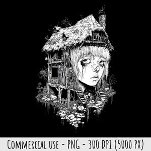 Baba Yaga Clipart 1 PNG zwart-wit afbeelding commercieel gebruik Slavische folklore sprookjesachtige digitale kunst voor afdrukken van T-shirts