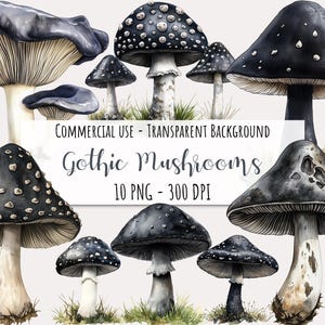 May include: Ten watercolour illustrations of gothic mushrooms with black and white speckled caps. The mushrooms are isolated on a transparent background.