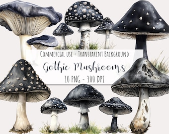 Gothic Mushroom Clipart, Black Watercolor Fungi, Fantasy Plant PNG (Digital Download)
