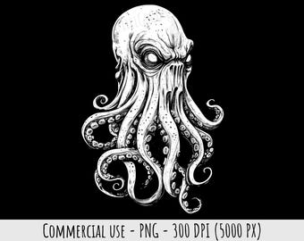Cthulhu Clipart 1 PNG Black & White Illustration Commercial Use Dark Lovecraft Cosmic Horror Octopus Kraken Digital Art For T-Shirts Prints