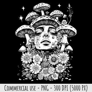 May include: A black and white illustration depicting a woman's face surrounded by mushrooms and flowers. The woman's eyes are closed and she has a serene expression. The mushrooms are of various shapes and sizes, and the flowers are delicate and intricate.