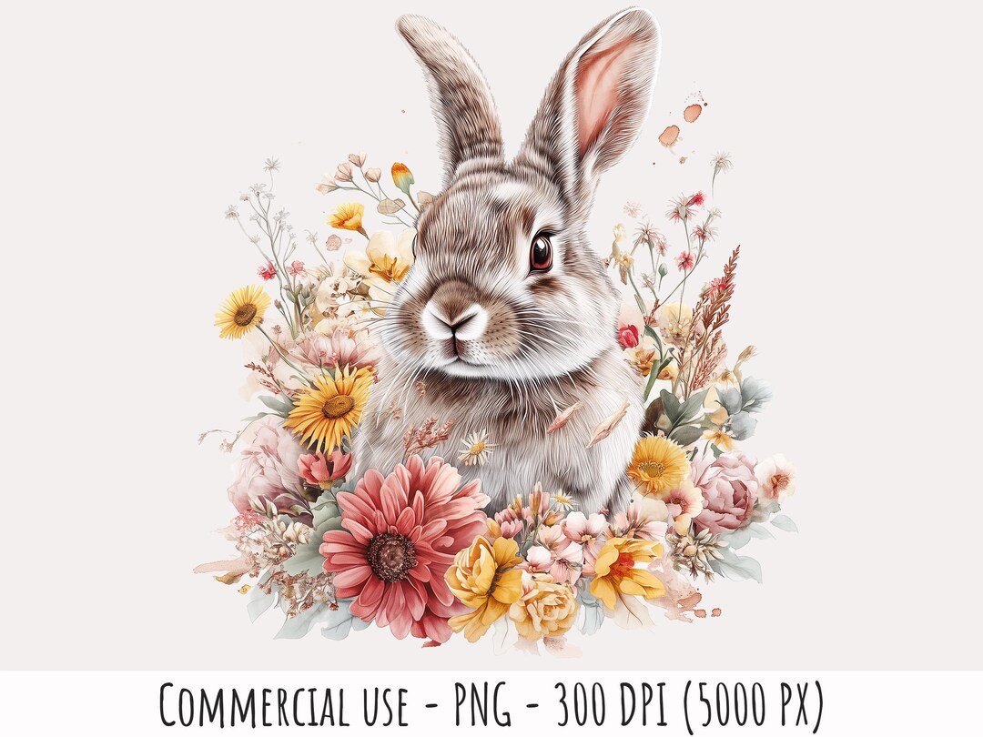 Rabbit Floral Watercolor Clipart 1 PNG Flowers Pet Bunny Commercial Use ...
