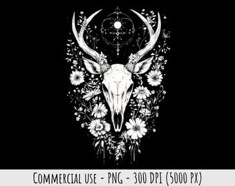 Gothic Skull Clipart 1 PNG Black and White Illustration Commercial Use Stag Deer Skull With Flowers Digital Art For T-Shirt Prints Halloween