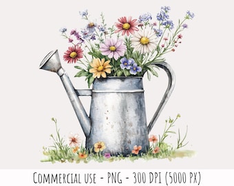 Vintage Watering Can Floral Watercolor Clipart (PNG Digital Art)