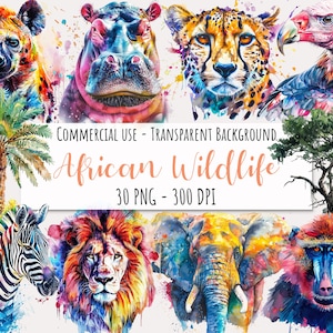 Pacote de clipart de animais africanos 30 PNG aquarela leão zebra hipopótamo hiena elefante girafa uso comercial download instantâneo gráfico de alta qualidade