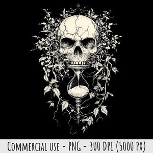May include: A detailed black and white illustration of a skull with an hourglass and foliage. The skull is centered, with cracks and shadows adding depth. The hourglass is below the skull, and the design is surrounded by leaves.
