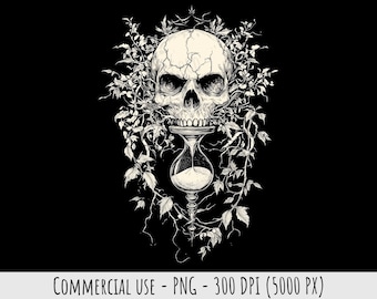 Gothic Skull and Hourglass Clipart 1 PNG Black and White Illustration Commercial Use Memento Mori Skeleton Digital Art For T-Shirts Prints