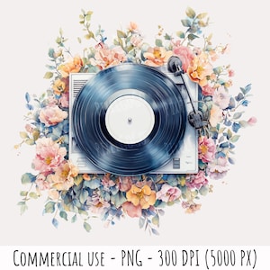Bloemen vinyl platenspeler clipart 1 png aquarel vintage draaitafel met bloemen illustratie commercieel gebruik retro muziek digitale kunst