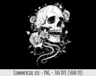 Gothic Skull with Roses Clipart 1 PNG Black and White Illustration Commercial Use Dark Botanical Digital Art For T-Shirts Prints