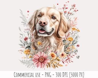Floral Golden Retriever Clipart, Watercolor Dog Art (PNG Digital Download)