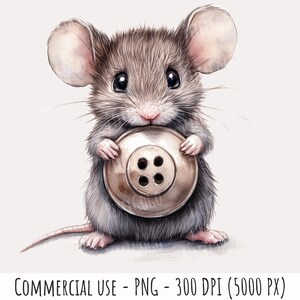 May include: A cute grey mouse holding a large, round, silver button with four holes in the centre.