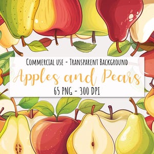 Bundle de 65 cliparts pommes poires PNG Fruits Alimentation saine Nutrition scolaire Usage commercial Téléchargement instantané Illustration graphique de haute qualité