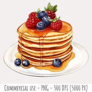 Pode incluir: Uma pilha de panquecas douradas, cobertas com mirtilos e framboesas, regadas com xarope de bordo, num prato branco.