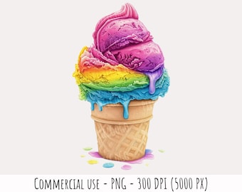 Rainbow Ice Cream Cone Watercolor Clipart (PNG Digital Download)