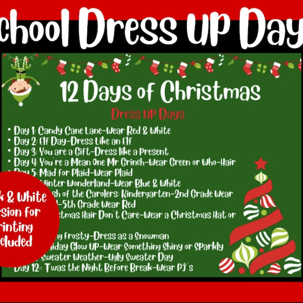 12 Days of Christmas editable, 12 Days of Christmas dress up days, School dress up days, Christmas dress up for school editable