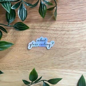 May include: A holographic sticker with the text "what glass ceiling?" in a cursive font. The sticker is on a wooden surface, surrounded by green leafy branches.