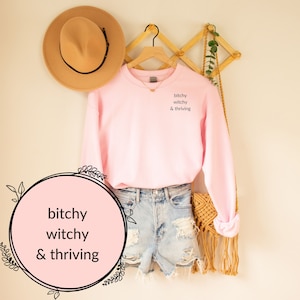 May include: A light pink sweatshirt with the text "bitchy witchy & thriving" in black. The sweatshirt is hanging on a wooden hanger, paired with denim shorts. A tan hat and a macrame bag are also visible.