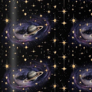 May include: A repeating pattern featuring planets with rings, surrounded by swirling purple and blue nebulas, set against a black background filled with golden stars of varying sizes. The design evokes a celestial theme.