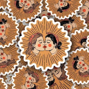 Vibrant Lesbian Love Kiss Cut Sticker - Two Women Kissing - LGBTQ+ Pride Decal - Durable Vinyl - Customizable Sizes