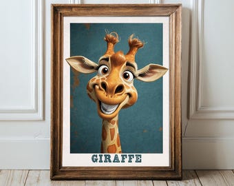 Impressão artística de girafa divertida, pôster engraçado de animal, decoração para quarto de bebê (download digital)