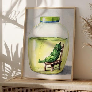 May include: A watercolor painting of a green pickle relaxing in a glass jar filled with a yellow liquid. The pickle is wearing a relaxed expression and has its arms crossed. The jar has a green lid.